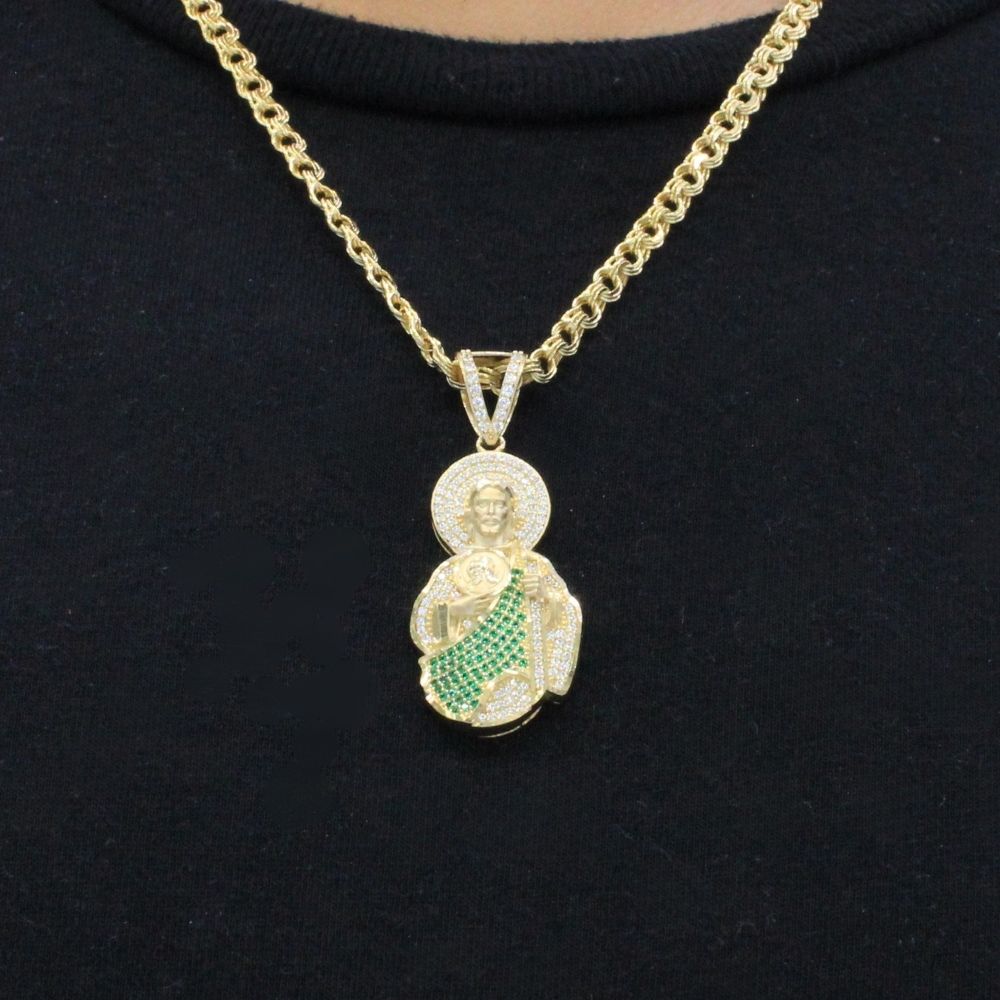 Dije de Oro 14k San Judas Tadeo con Manto Parcial en Zirconias Verdes y Aureola Brillante Mod. 9885