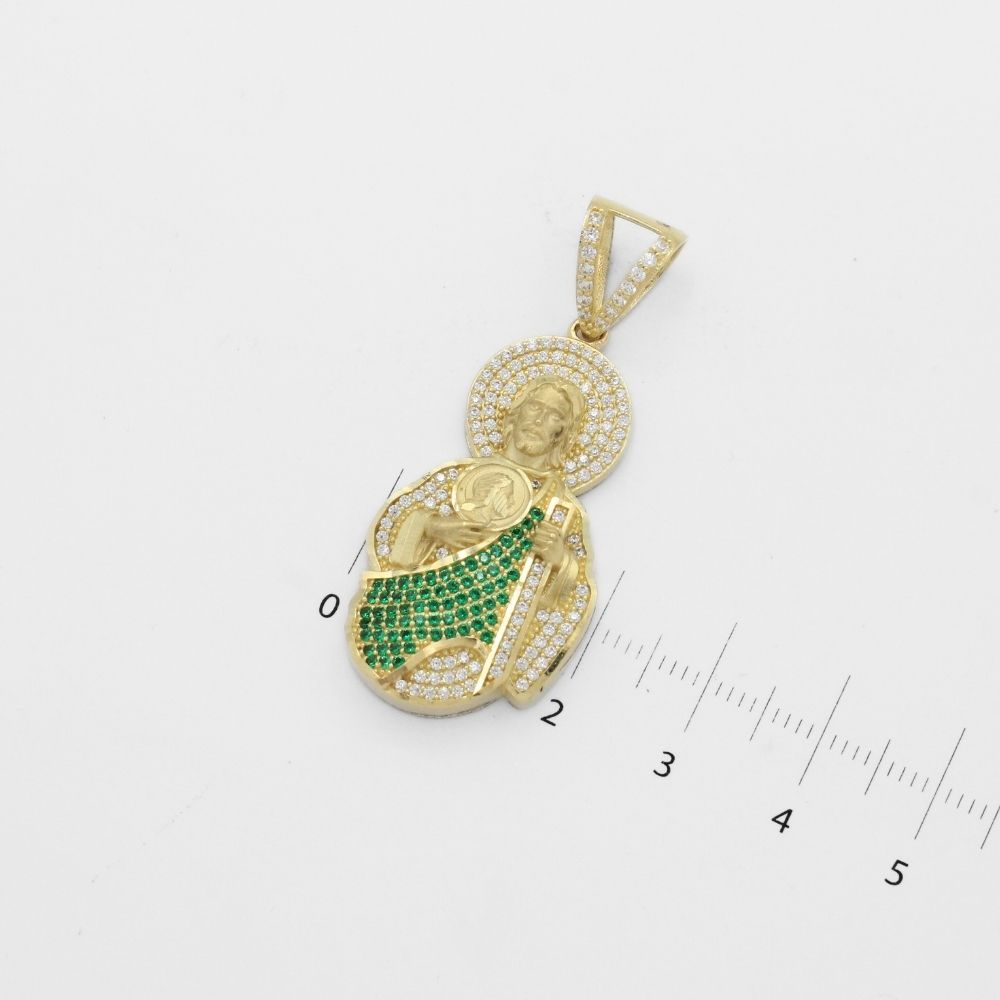 Dije de Oro 14k San Judas Tadeo con Manto Parcial en Zirconias Verdes y Aureola Brillante Mod. 9885