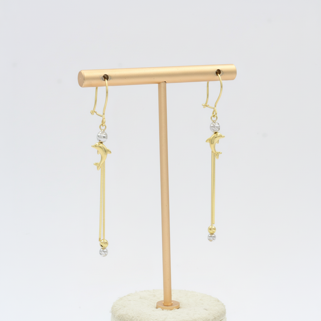 Arete Largo de Oro 14k Diseño con Delfines y Esferas Huecas Brillantes mod. 10119