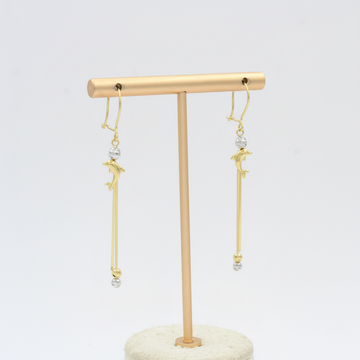 Arete Largo de Oro 14k Diseño con Delfines y Esferas Huecas Brillantes mod. 10119