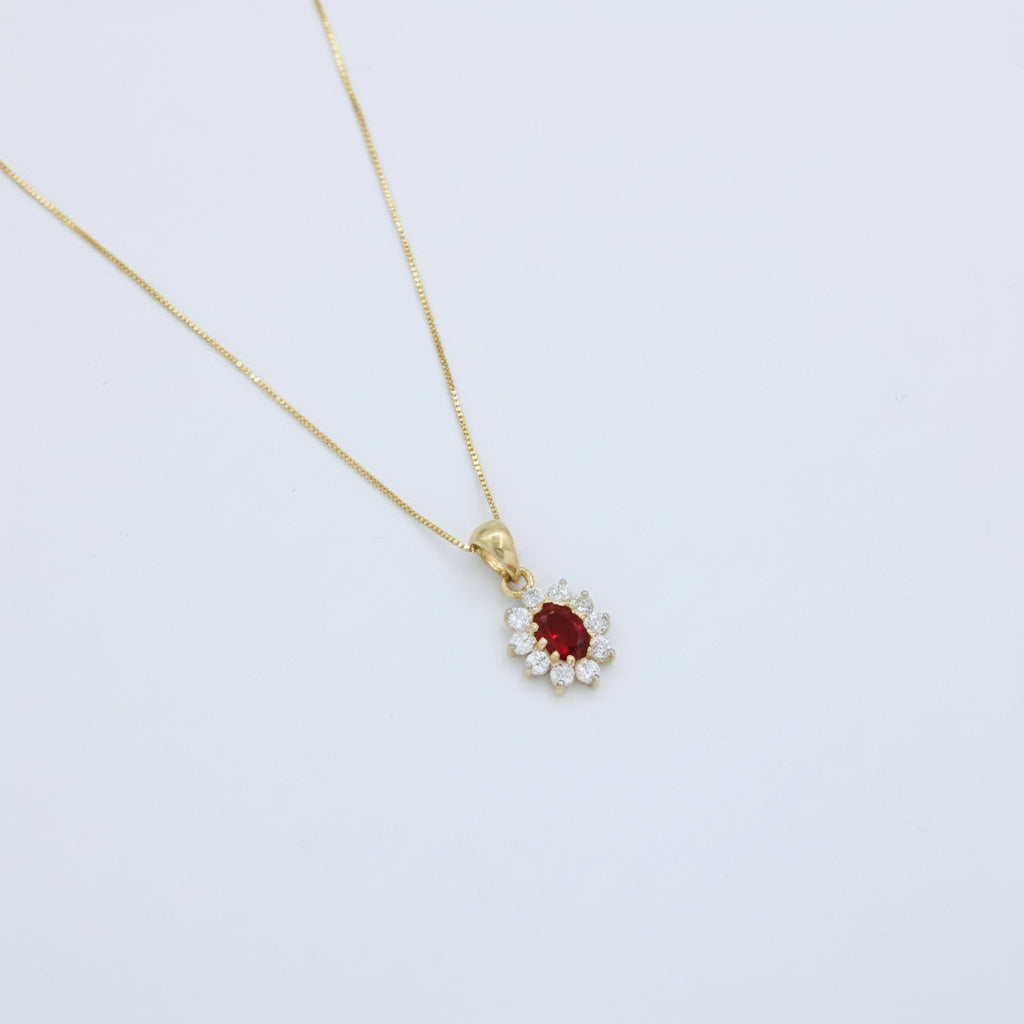 Gargantilla de Oro 14k Óvalo Rojo Rubí con Corona de Zirconias Finas mod. 10068