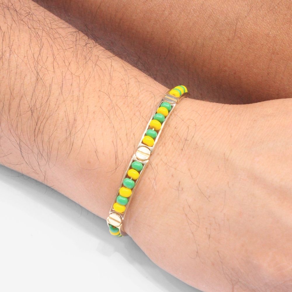 Pulsera de Oro 14k Orula con Cuentas Verdes y Amarillas para Santería mod. 8668