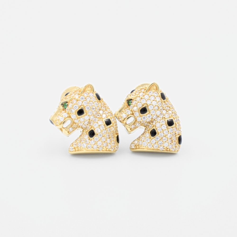 Arete Broche Patente de Oro 14k con Diseño de Panteras Incrustadas de Zirconias mod. 9062