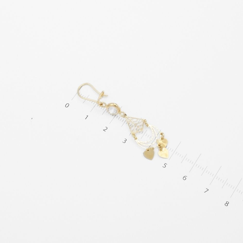 Arete Largo de Oro 14k de Diseño Colgante Fino con Zirconia Brillante y Corazones Lisos mod. 9771