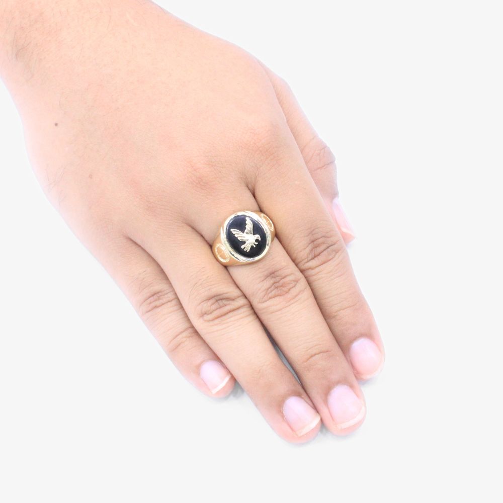 Anillo de Oro 14k con Frente Oval con Águila en Piedra Ónix mod. 1948