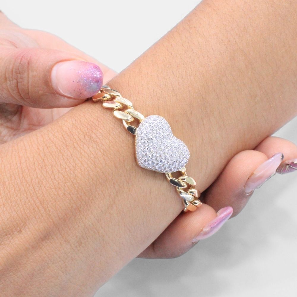 Pulsera de Oro 14k Diseño Hueco Plus con Corazón Incrustado con Zirconias Brillantes mod. 9381
