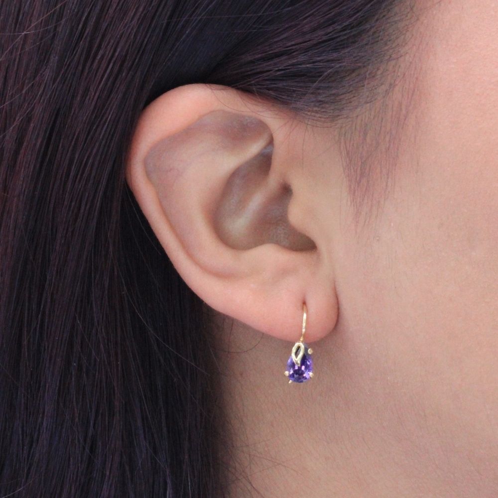 Arete con Broche Arillo de Oro 14k Gota de Zirconia Color Morado Violeta mod. 9766