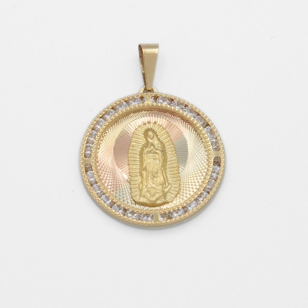 Medalla de Oro 14k de la Virgen de Guadalupe con Fondo Florentino y Borde con Zirconias mod. 9899