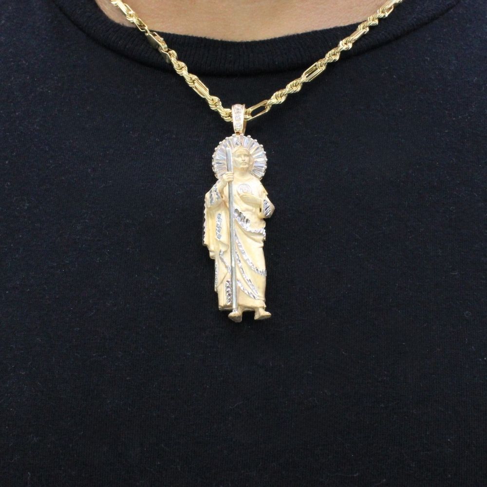 Dije de Oro 14k San Judas Tadeo con Detalles Parciales Diamantados y Aureola con Zirconias Baguette Mod. 9886