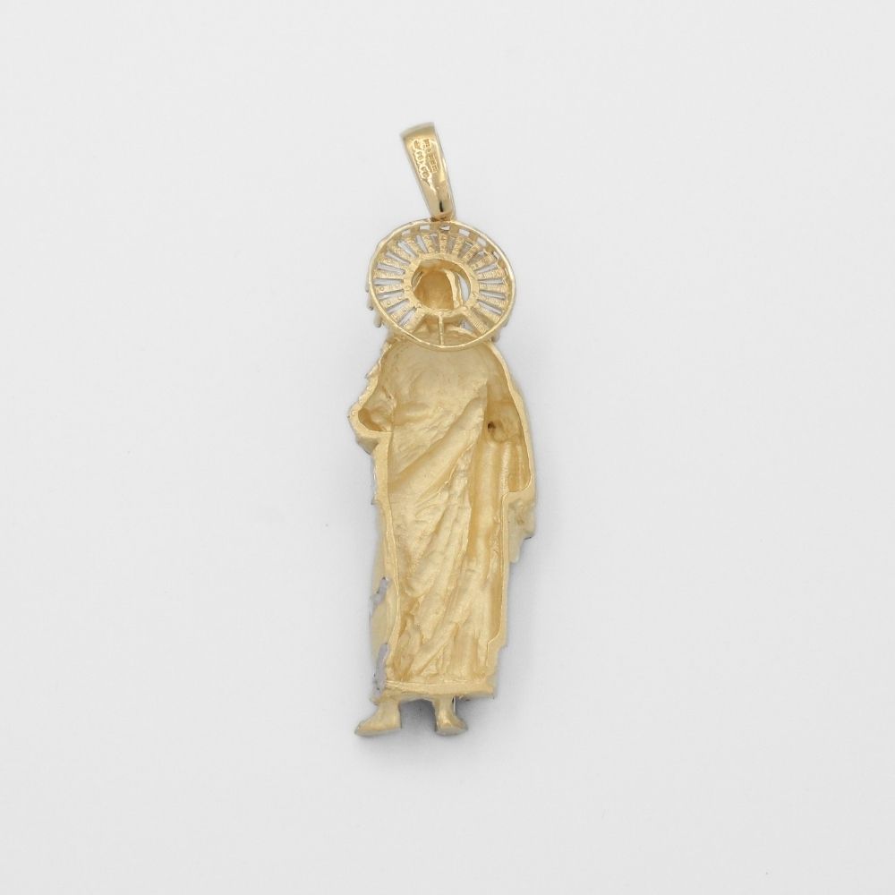 Dije de Oro 14k San Judas Tadeo con Detalles Parciales Diamantados y Aureola con Zirconias Baguette Mod. 9886