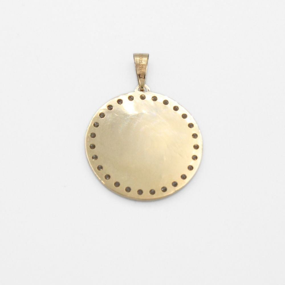 Medalla de Oro 14k de la Virgen de Guadalupe con Fondo Florentino y Borde con Zirconias mod. 9899