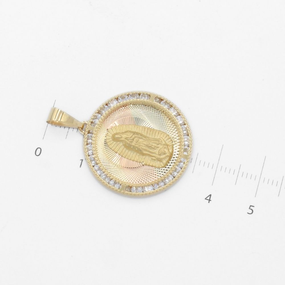 Medalla de Oro 14k de la Virgen de Guadalupe con Fondo Florentino y Borde con Zirconias mod. 9899