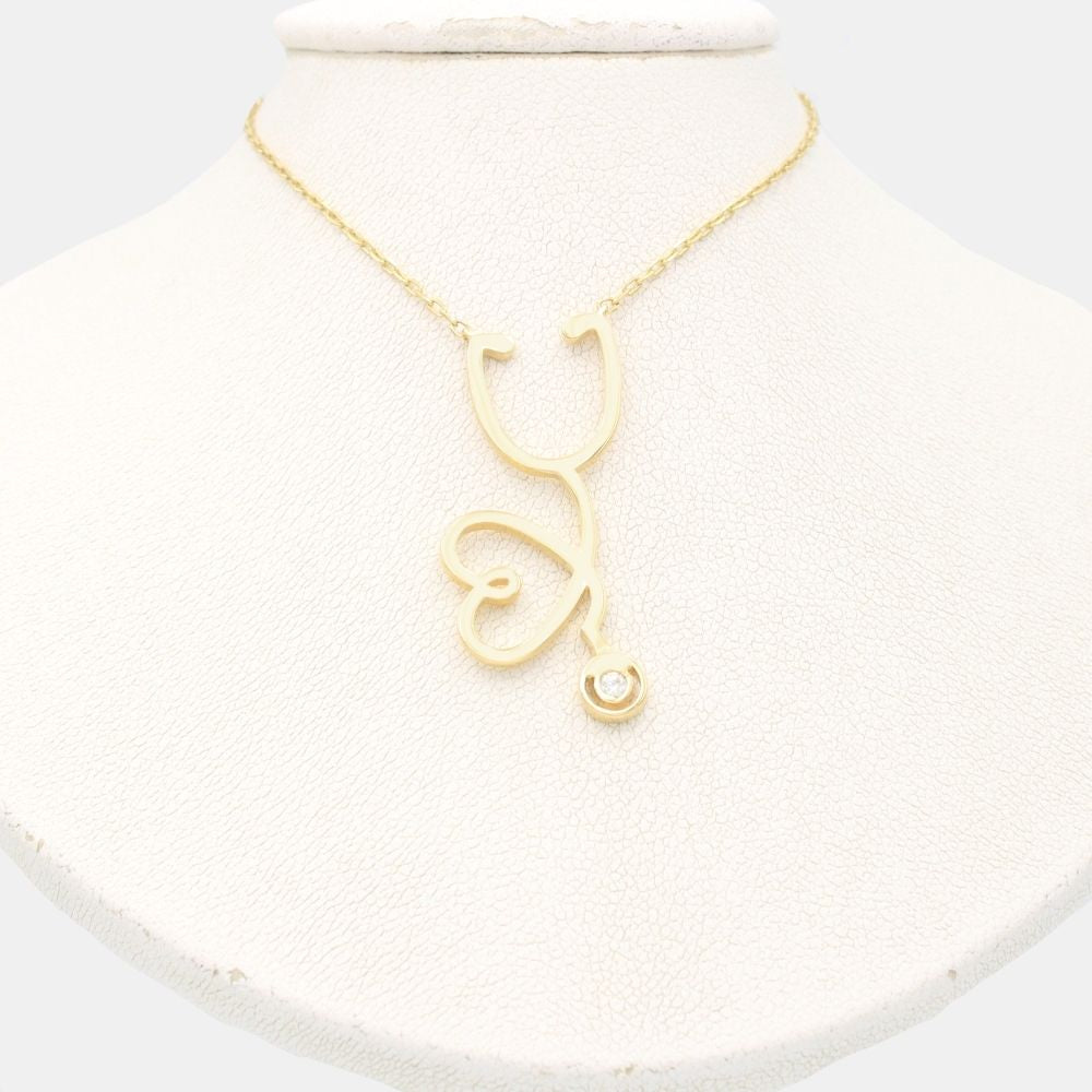 Gargantilla de Oro 14k Corazón Estetoscopio Detallado con Zirconia Fina mod. 9336