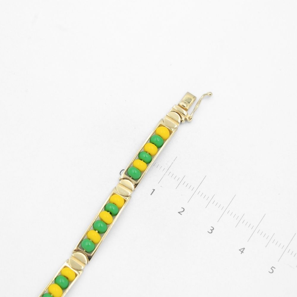 Pulsera de Oro 14k Orula con Cuentas Verdes y Amarillas para Santería mod. 8668