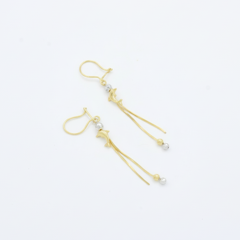 Arete Largo de Oro 14k Diseño con Delfines y Esferas Huecas Brillantes mod. 10119