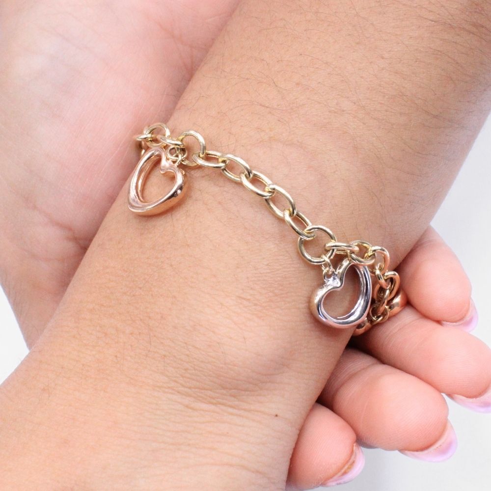 Pulsera de Oro 14k de Diseño Hueco con Corazones Brillantes mod. 8863