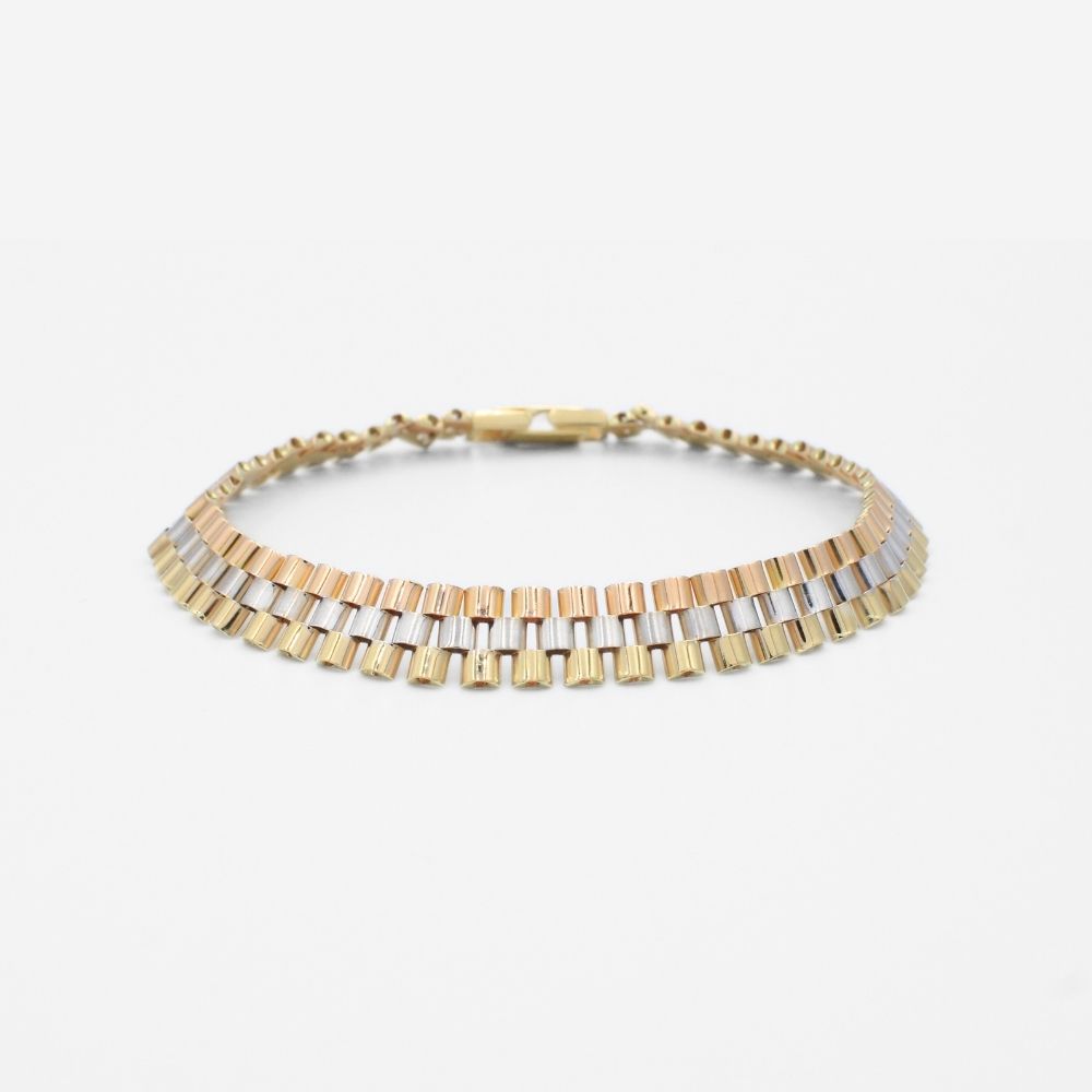 Pulsera de Oro 14k Tejido Hueco de Ensamblado Diseño de Tres Colores mod. 9803