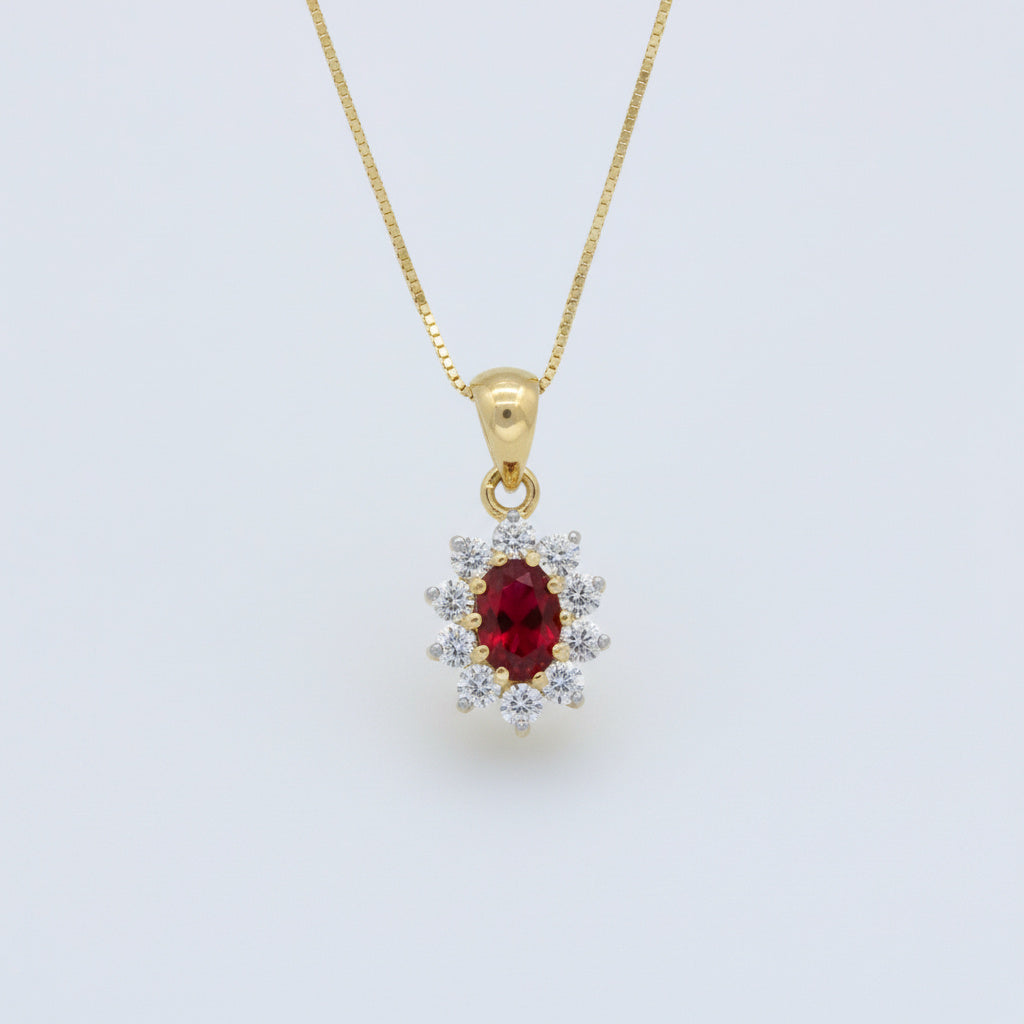 Gargantilla de Oro 14k Óvalo Rojo Rubí con Corona de Zirconias Finas mod. 10068