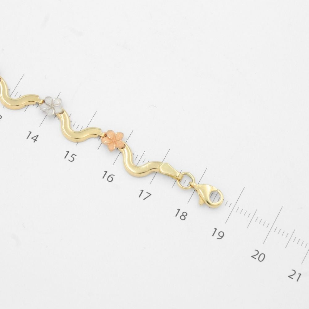 Pulsera de Oro 14k Hueca de Diseño Curvo con Flores del Pensamiento mod. 9690