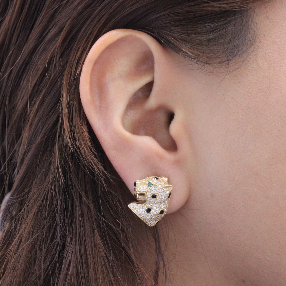 Arete Broche Patente de Oro 14k con Diseño de Panteras Incrustadas de Zirconias mod. 9062