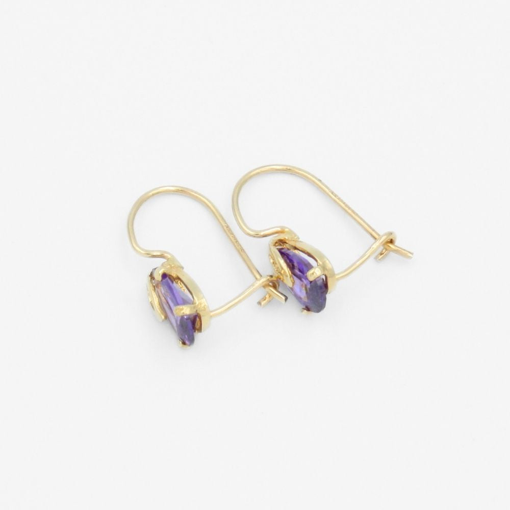 Arete con Broche Arillo de Oro 14k Gota de Zirconia Color Morado Violeta mod. 9766