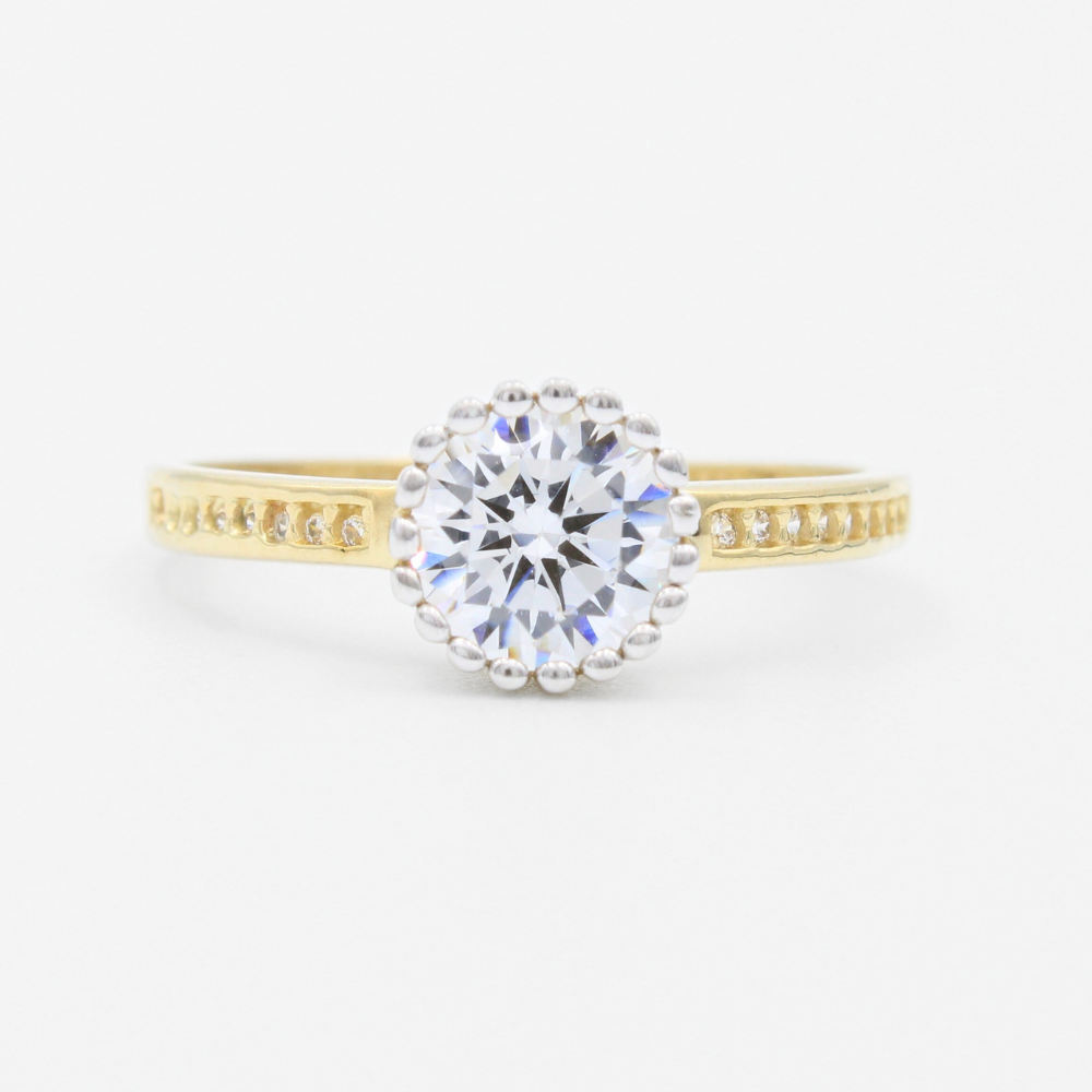 Anillo de Compromiso en Oro 14k con Zirconia en Bisel de Esferas Blancas mod. 9419
