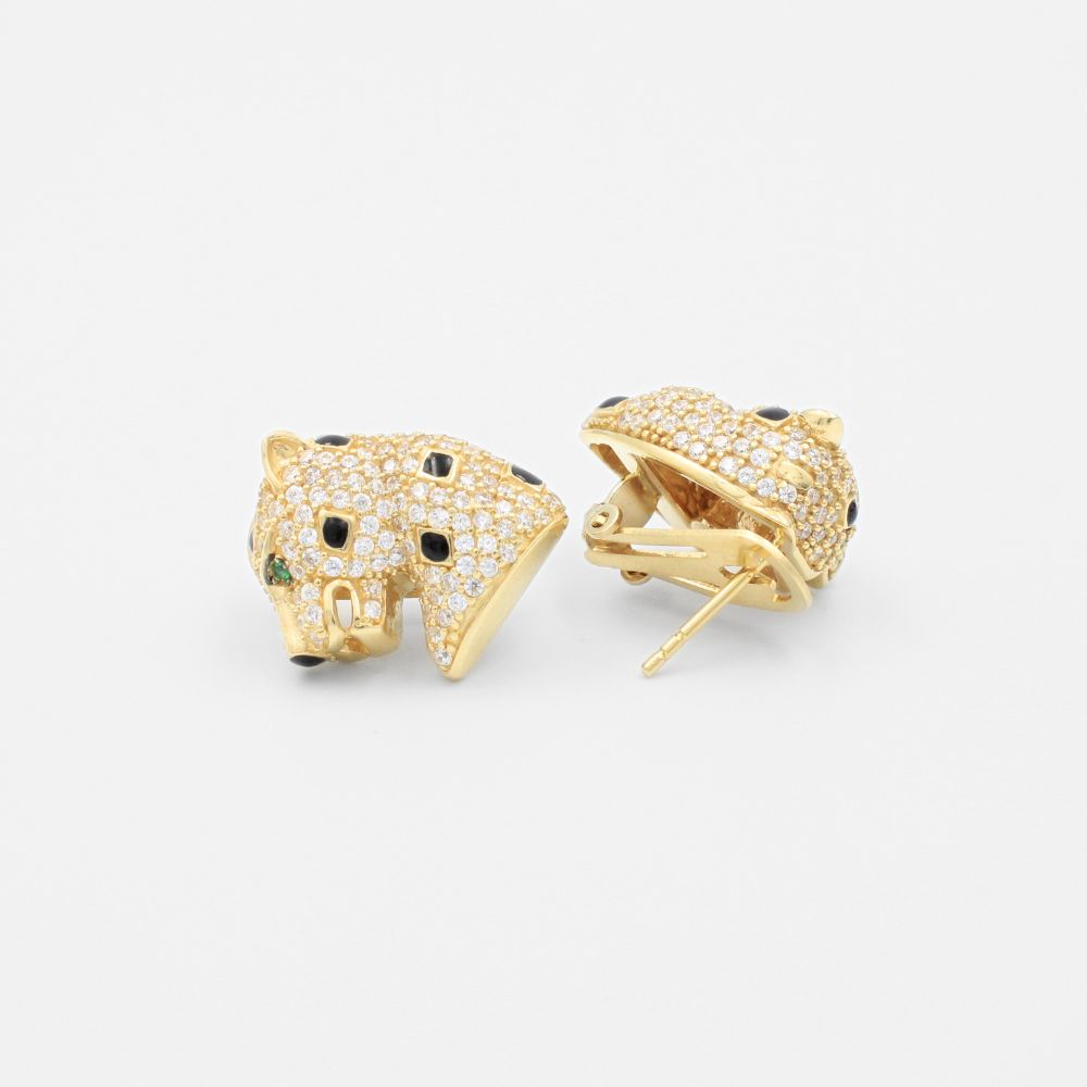 Arete Broche Patente de Oro 14k con Diseño de Panteras Incrustadas de Zirconias mod. 9062
