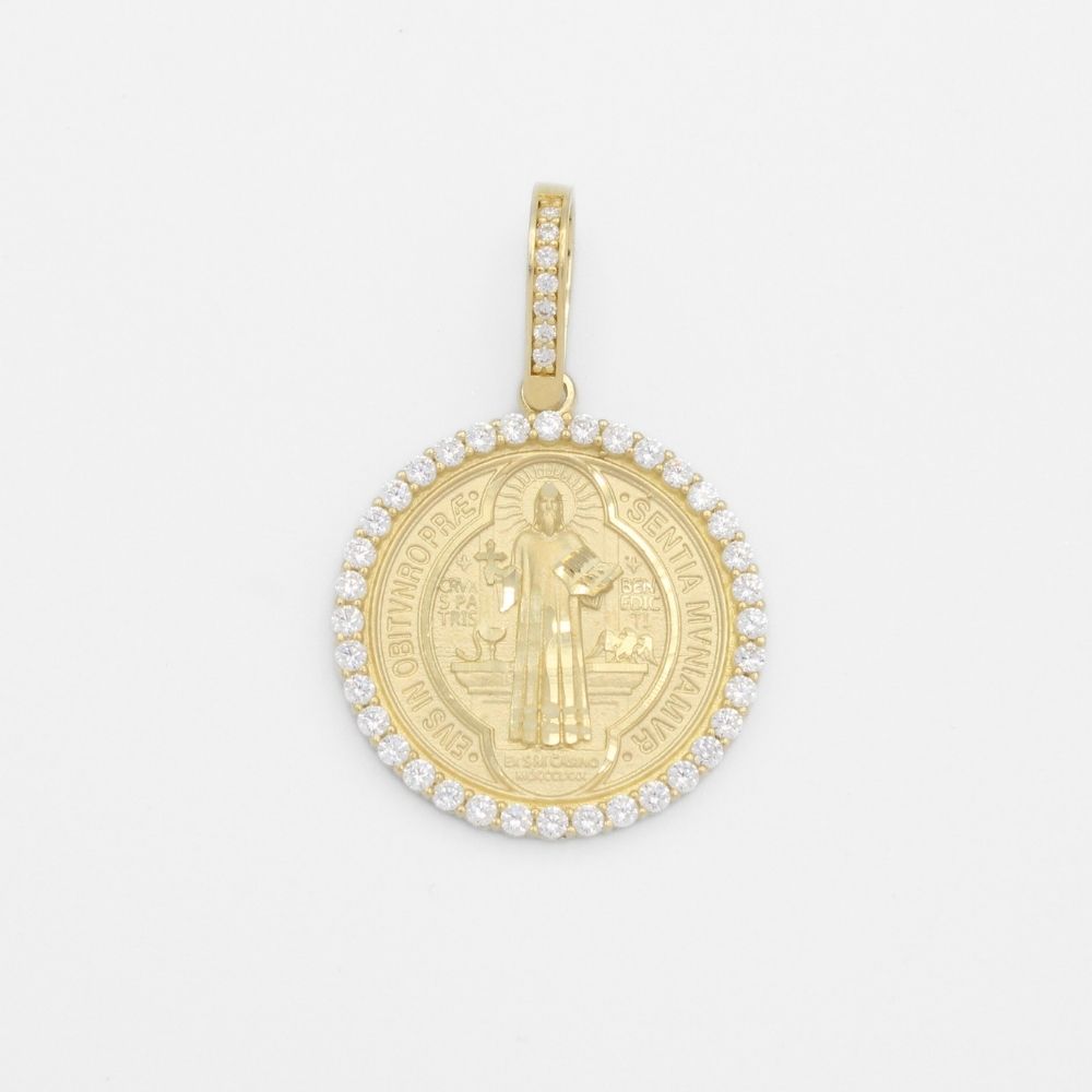 Medalla de Oro 14k San Judas con Bisel de Zirconias y Diamantado Fino mod. 9873