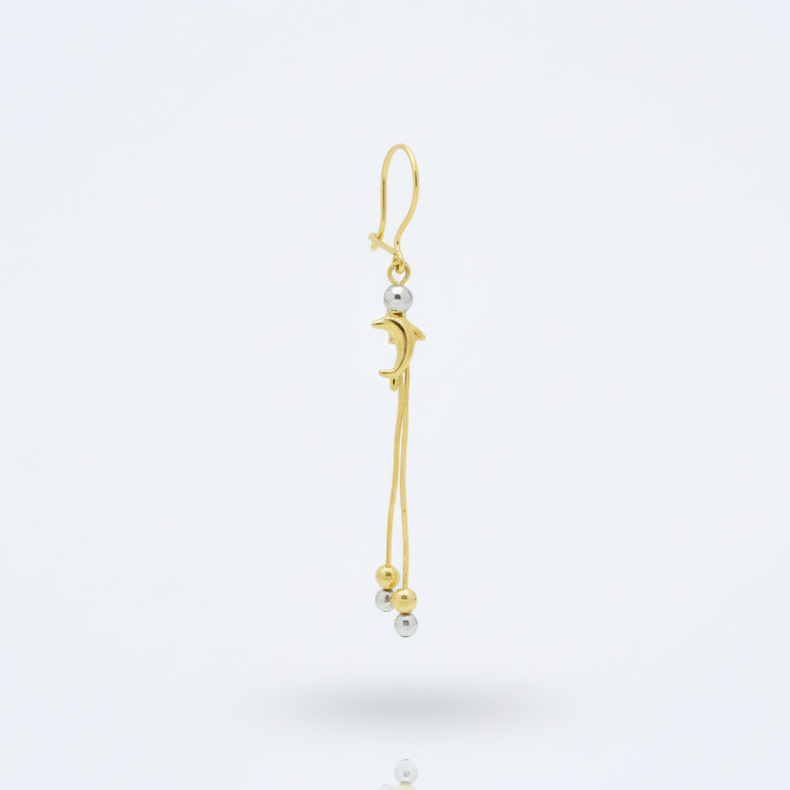 Arete Largo de Oro 14k Diseño con Delfines y Esferas Huecas Brillantes mod. 10119