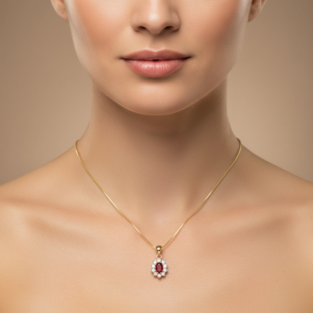 Gargantilla de Oro 14k Óvalo Rojo Rubí con Corona de Zirconias Finas mod. 10068