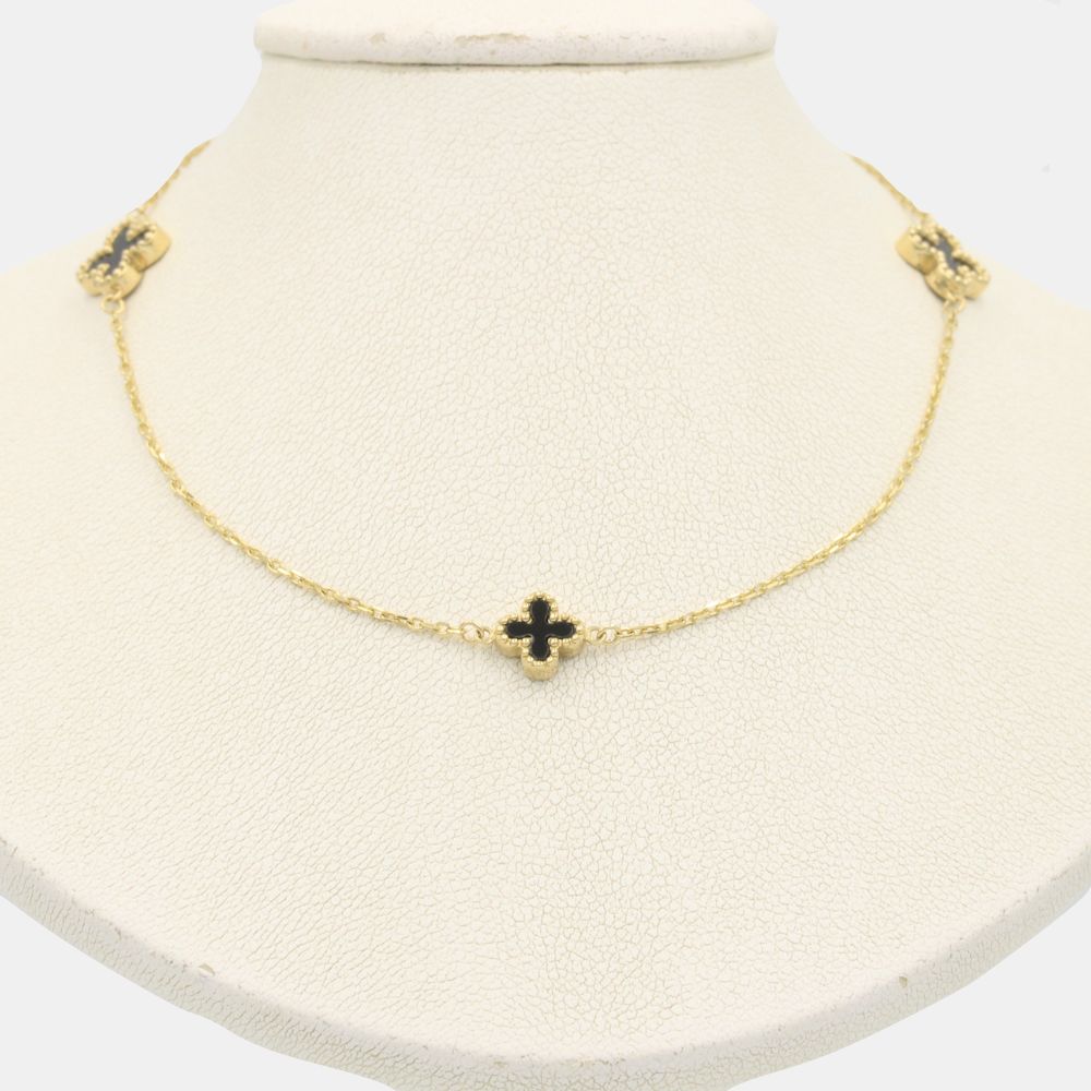 Gargantilla de Oro 14k con Tréboles de Ónix con Bisel de Esferas mod. 7777