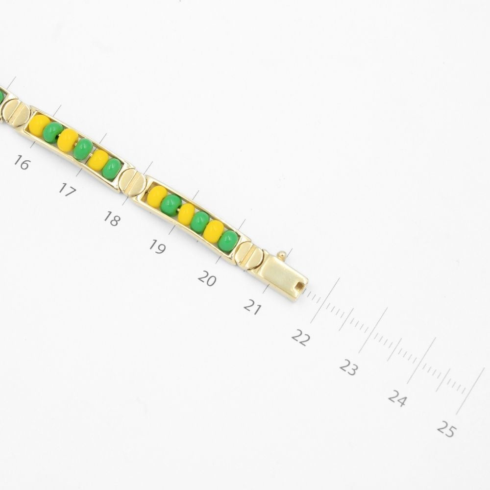 Pulsera de Oro 14k Orula con Cuentas Verdes y Amarillas para Santería mod. 8668