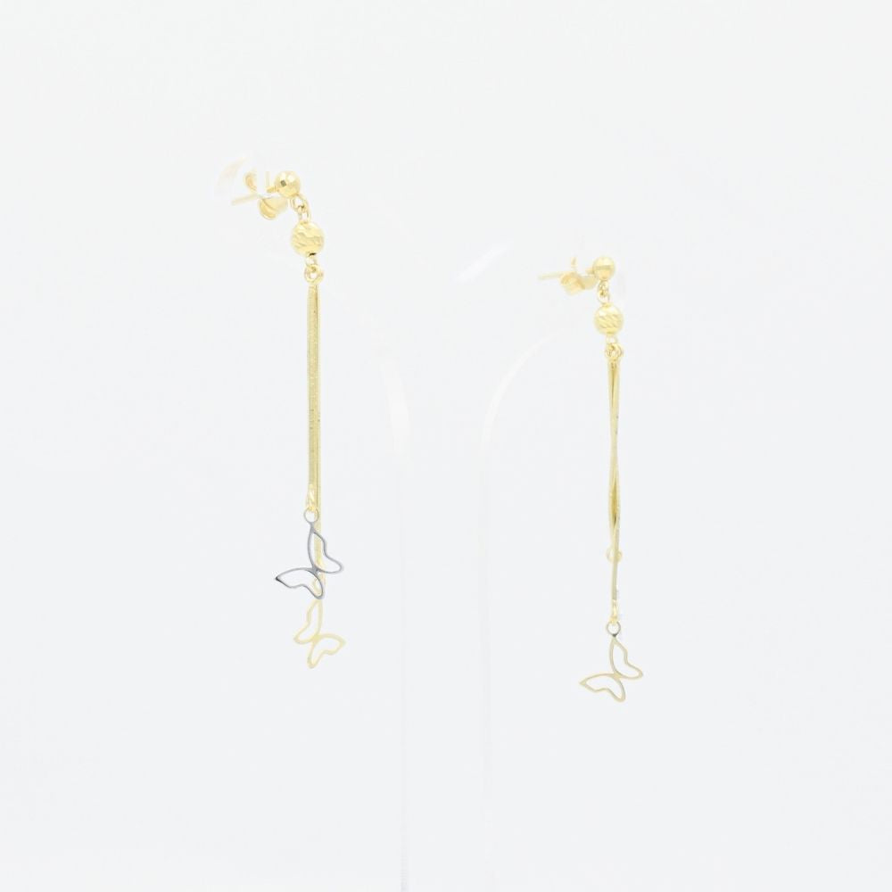 Arete Largo de Oro 14k con Silueta de Mariposas Brillantes mod. 1162