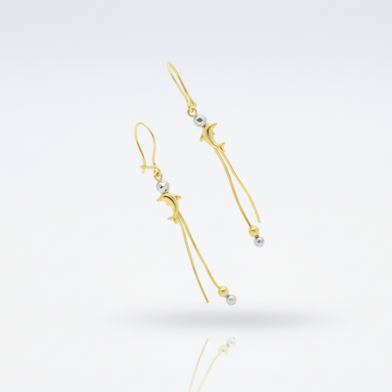Arete Largo de Oro 14k Diseño con Delfines y Esferas Huecas Brillantes mod. 10119