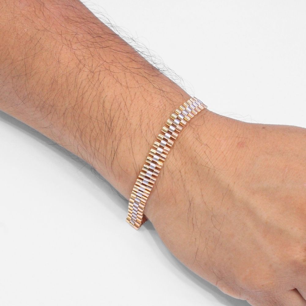 Pulsera de Oro 14k Tejido Hueco de Ensamblado Diseño de Tres Colores mod. 9803