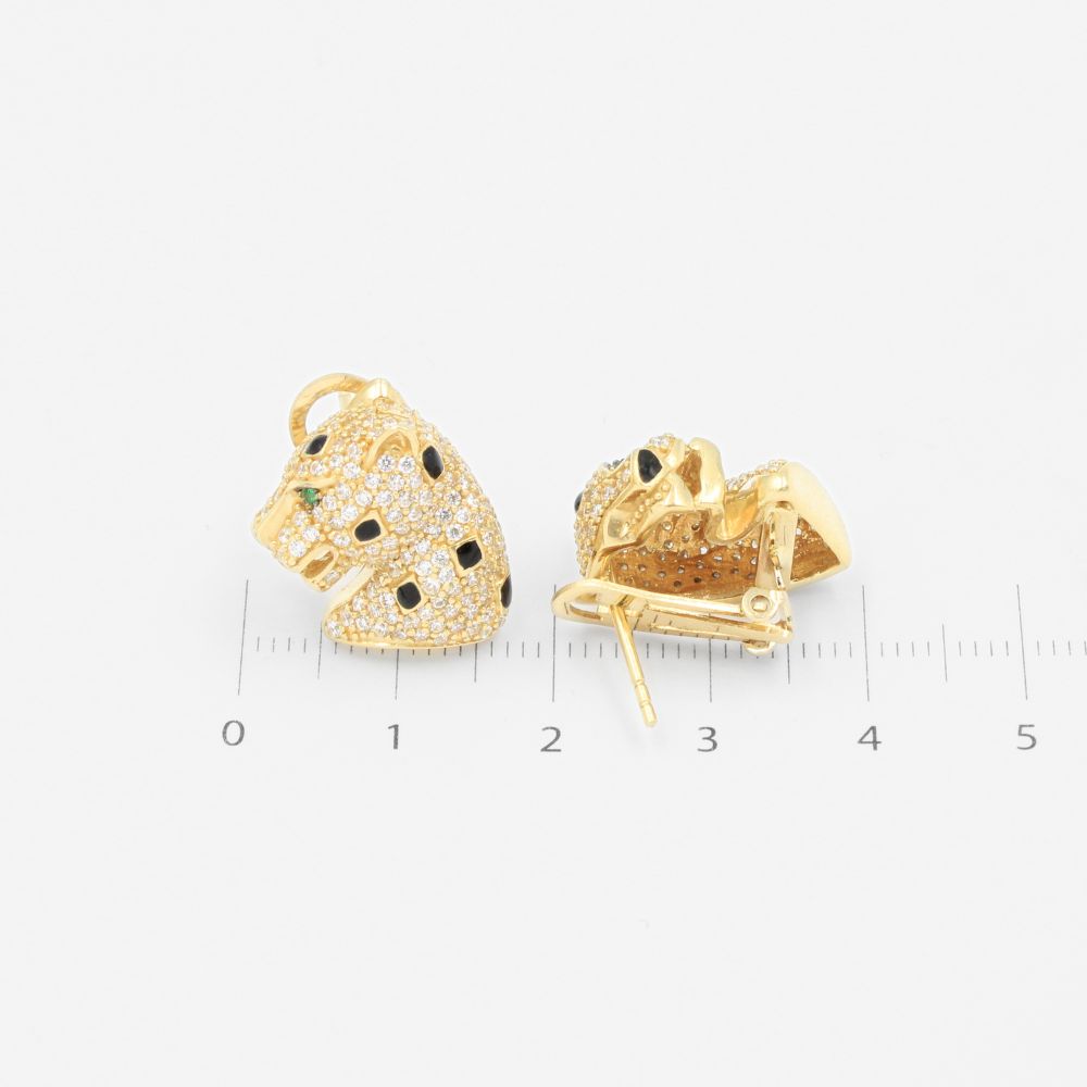 Arete Broche Patente de Oro 14k con Diseño de Panteras Incrustadas de Zirconias mod. 9062