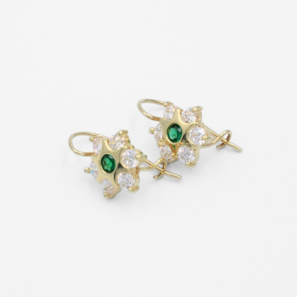 Arete con Broche Arillo de Oro 14k con Diseño Estrella Incrustado con Zirconia Verde mod. 9762