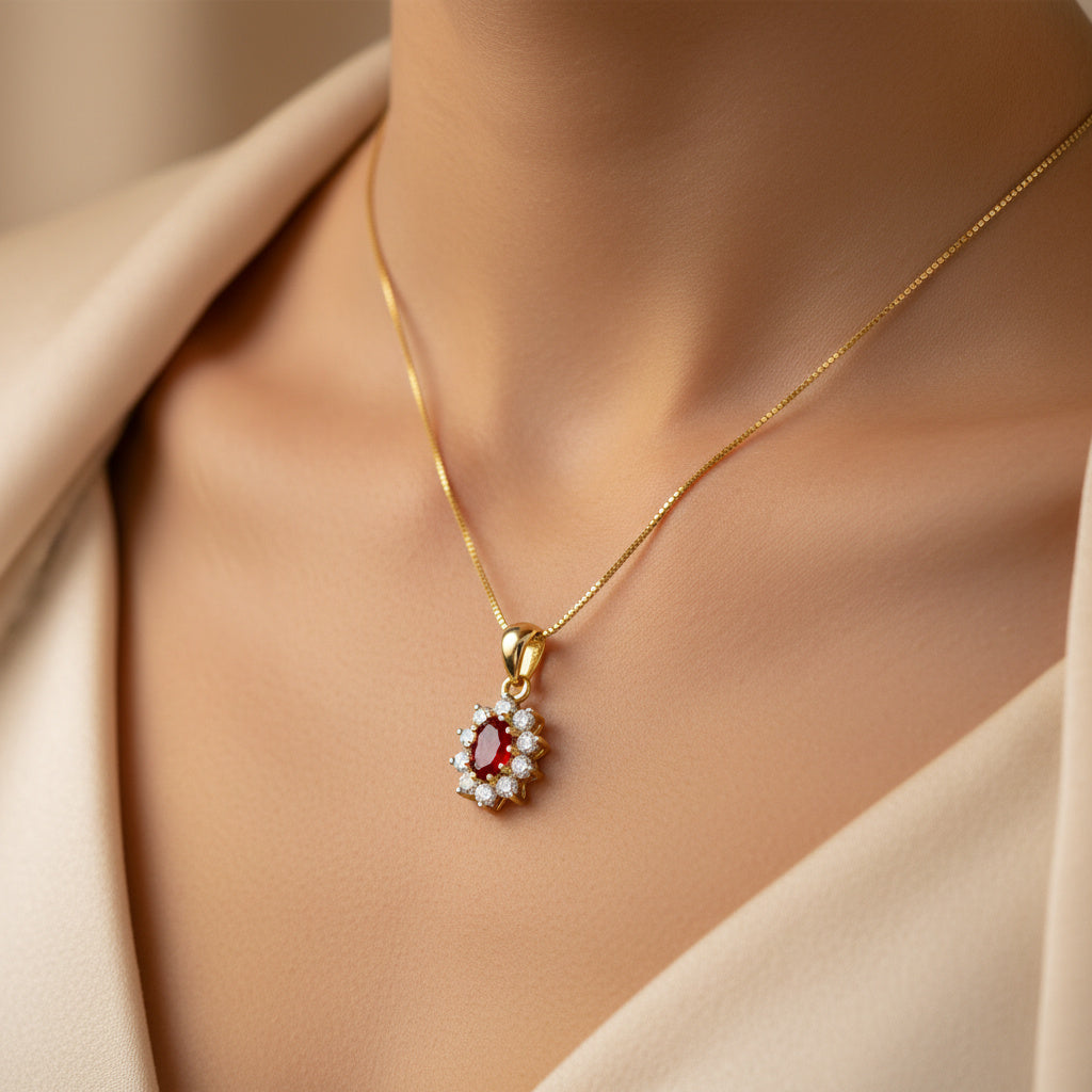 Gargantilla de Oro 14k Óvalo Rojo Rubí con Corona de Zirconias Finas mod. 10068