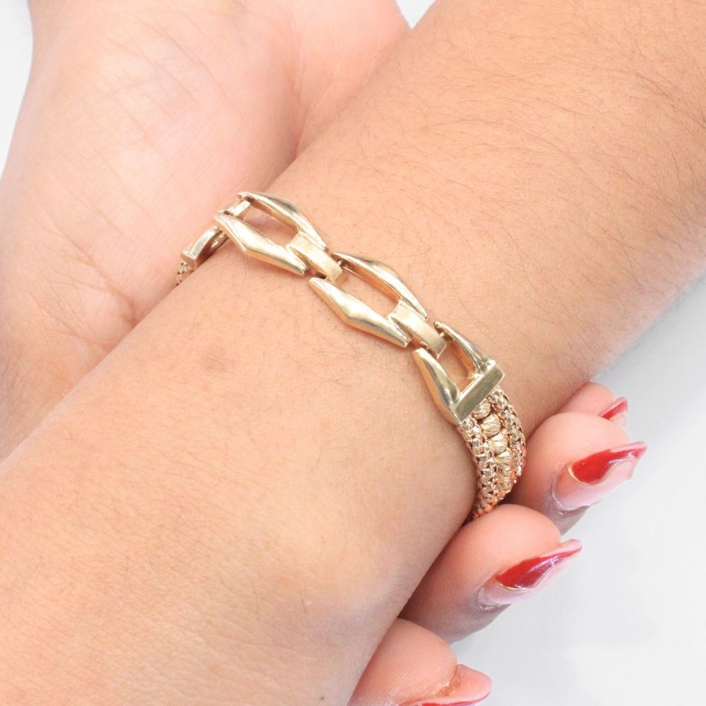 Pulsera de Oro 14k Hueco en Tejido Especial con Esferas Diamantadas y Eslabones de Tonos Mate mod. 9033
