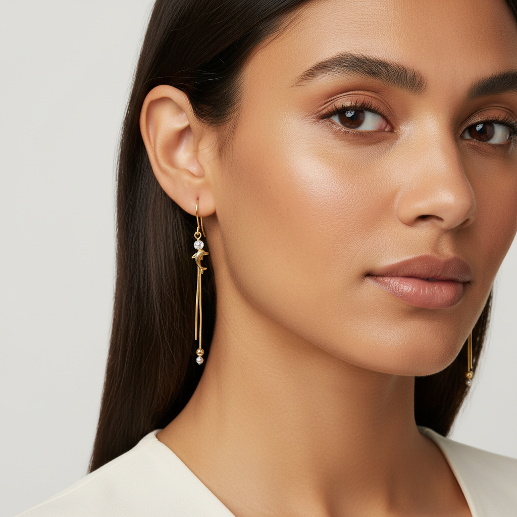 Arete Largo de Oro 14k Diseño con Delfines y Esferas Huecas Brillantes mod. 10119