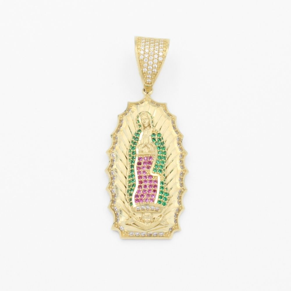 Dije de Oro 14k Virgen Guadalupe con Resplandor en Diseño Hueco e Incrustada con Zirconias mod. 9713