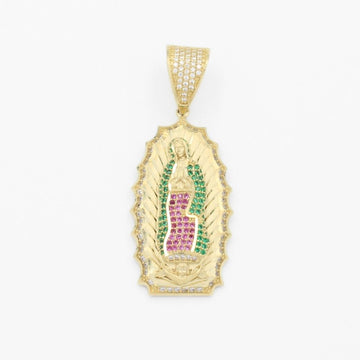 Dije de Oro 14k Virgen Guadalupe con Resplandor en Diseño Hueco e Incrustada con Zirconias mod. 9713