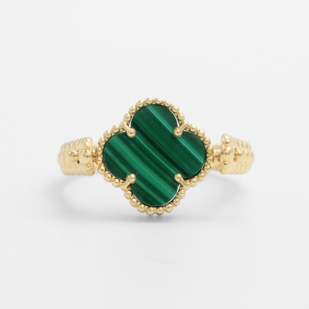 Anillo de Oro 14k Trébol Especial Giratorio con Malaquita y Zirconia mod. 9665