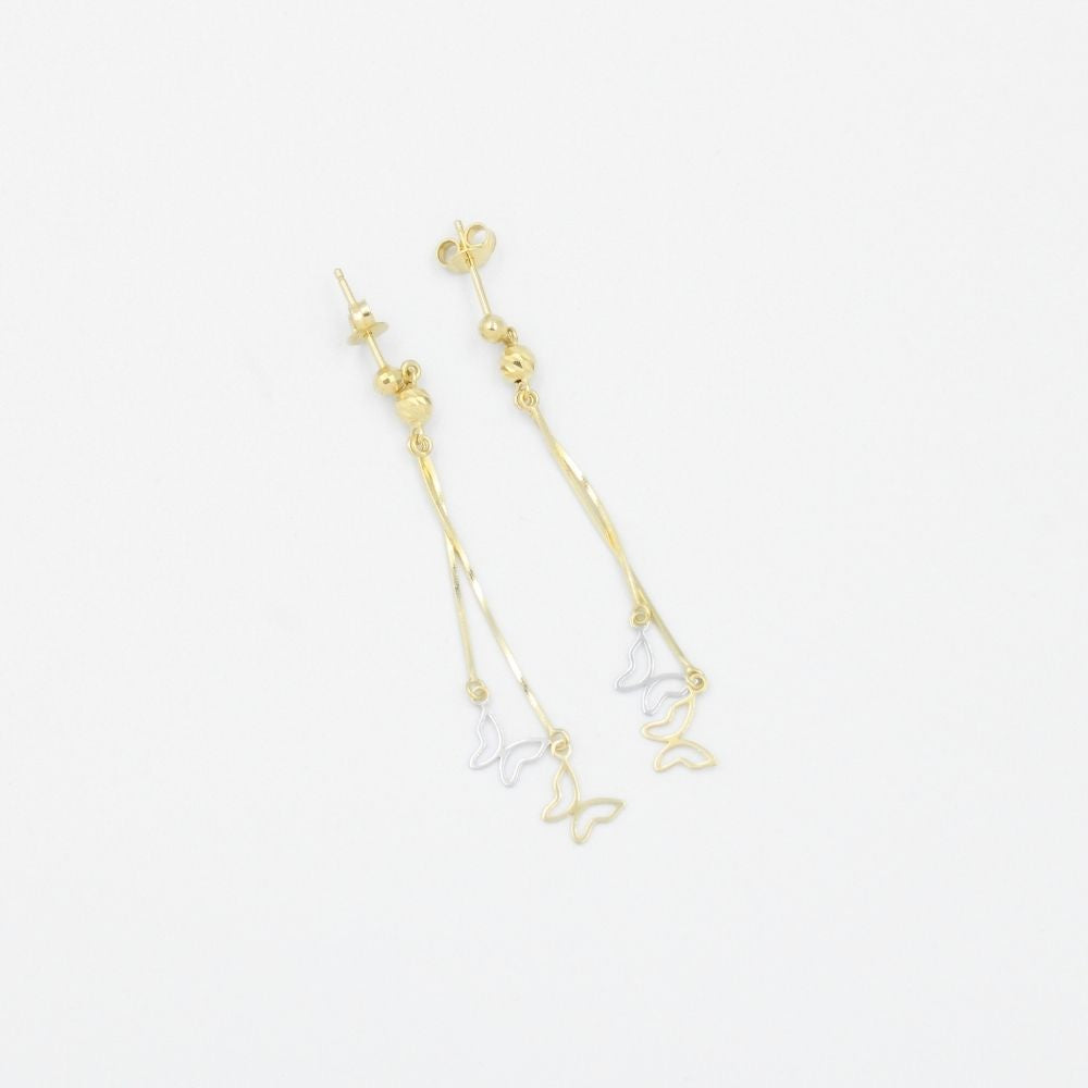 Arete Largo de Oro 14k con Silueta de Mariposas Brillantes mod. 1162