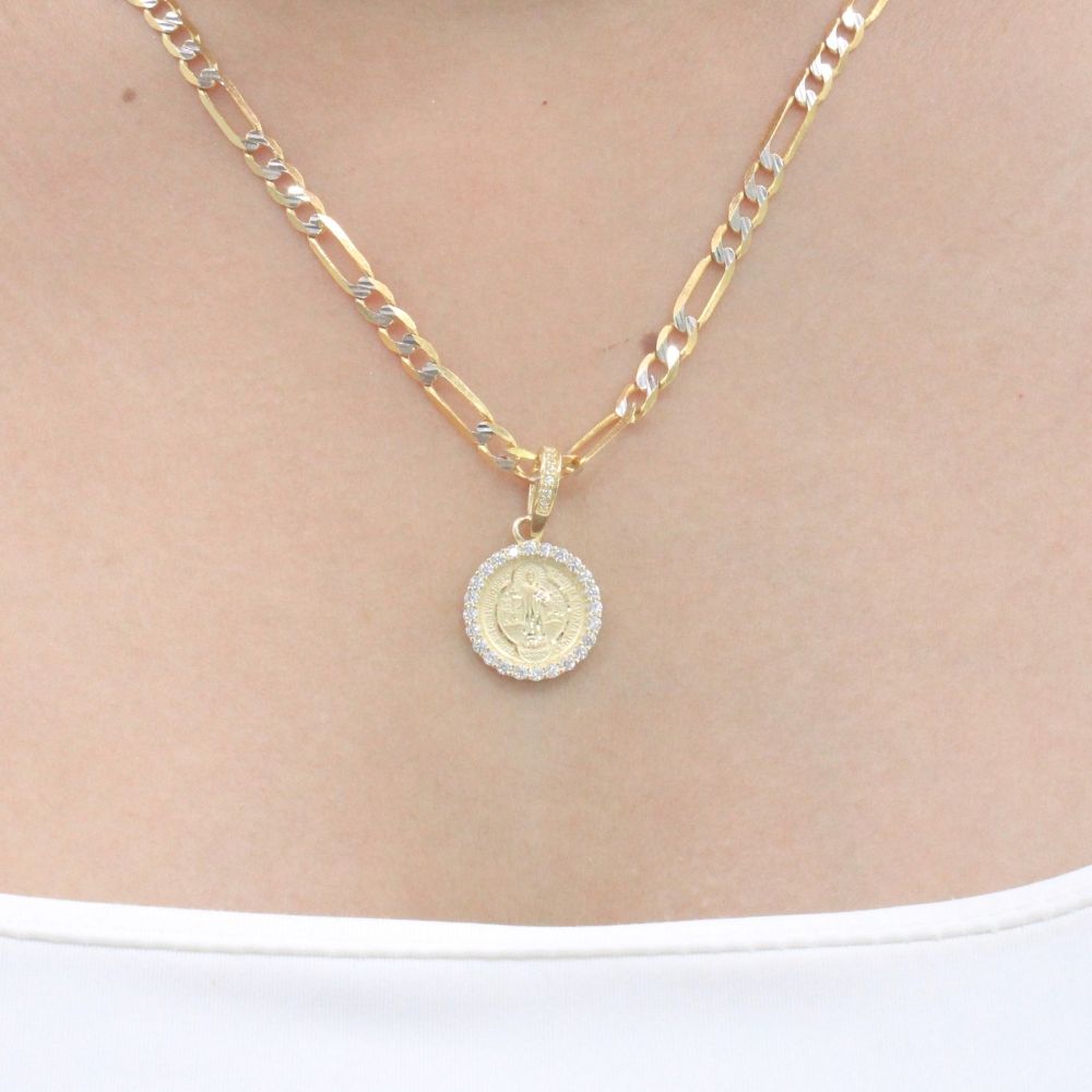 Medalla de Oro 14k San Judas Incrustado con Zirconias y Detallado con Diamantado mod. 9874