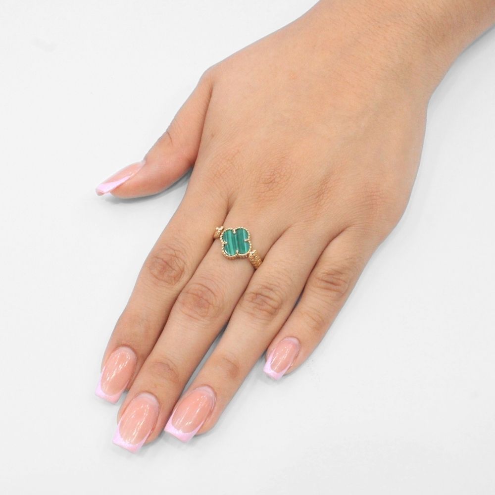 Anillo de Oro 14k Trébol Especial Giratorio con Malaquita y Zirconia mod. 9665