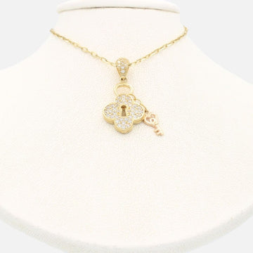 Gargantilla de Oro 14k Candado Hueco de Trébol Incrustado con Zirconias y Pequeña Llave Rosa mod. 9632
