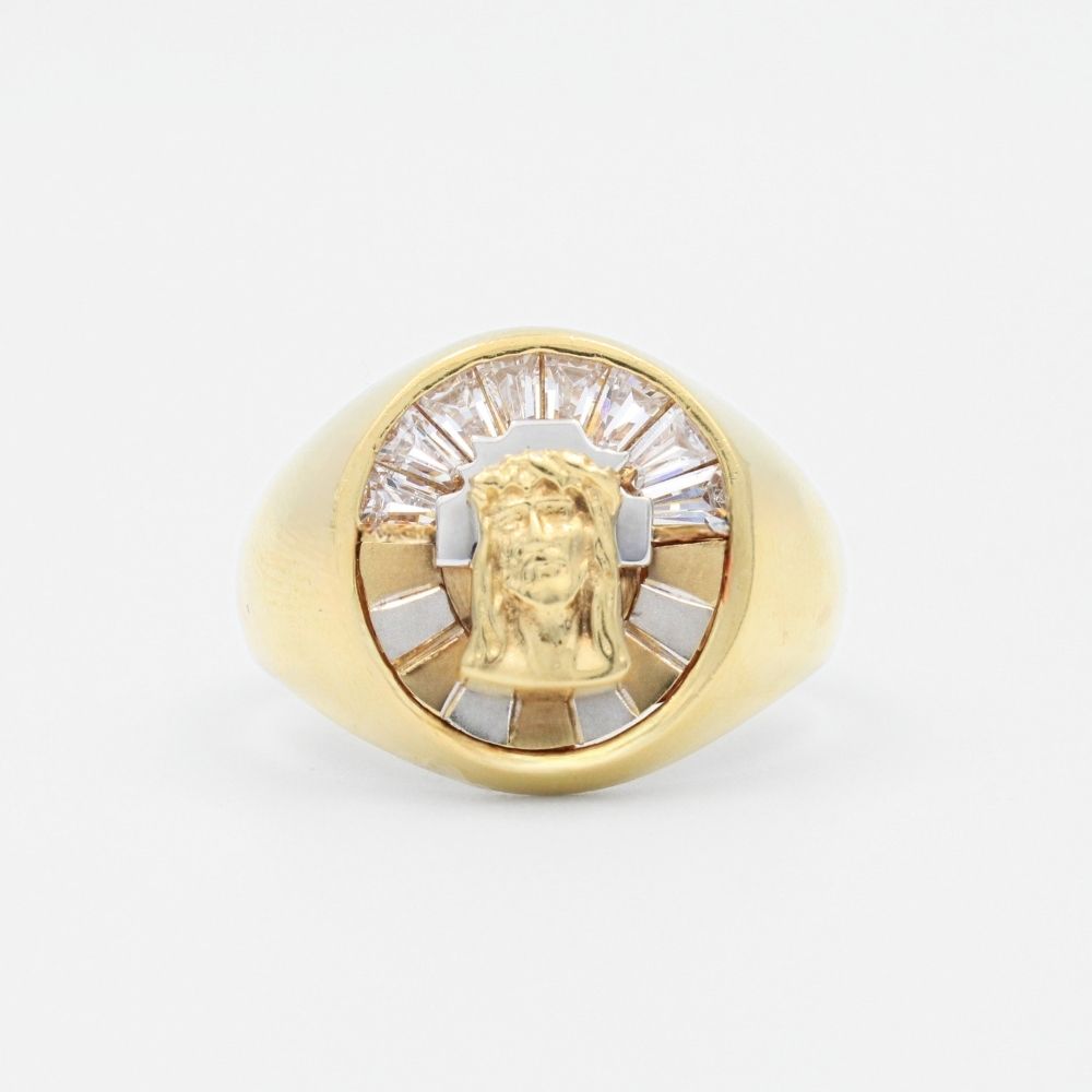 Anillo de Oro 14k Rostro Divino con Aura de Zirconias Baguette mod. 9454