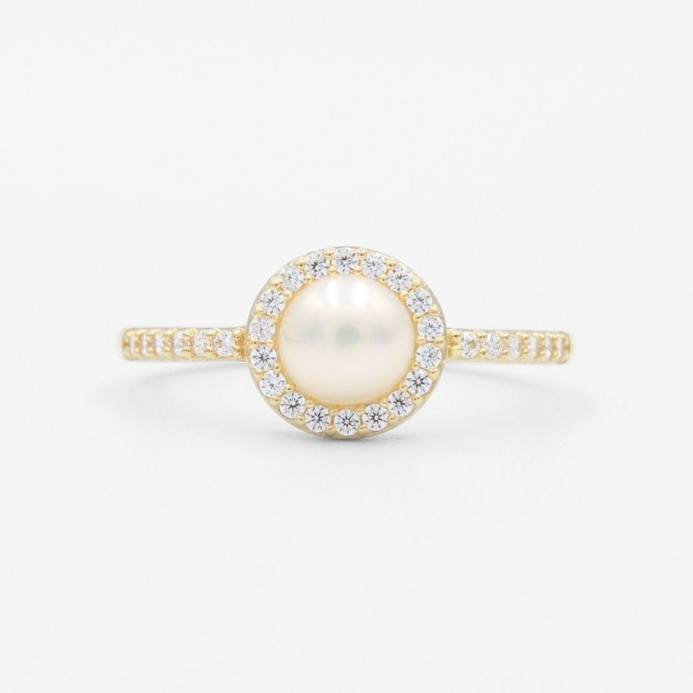 Anillo de Oro 14k Diseño con Perla Natural Detallada con Zirconias mod. 9585