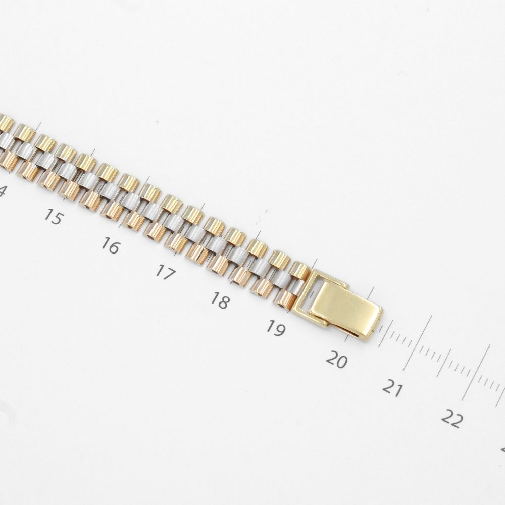 Pulsera de Oro 14k Tejido Hueco de Ensamblado Diseño de Tres Colores mod. 9803